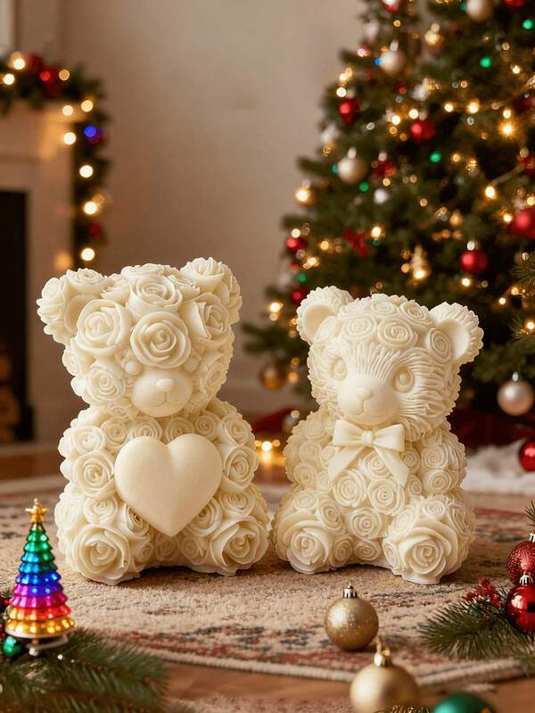 1pc 3D Teddy Bear Candle Mold] Silicone Bear Candle Mold, 3D Large Teddy Bear Resin Casting Mold, Rose Embossed Craft Soap Making Supplies, For DIY Home Gifts
