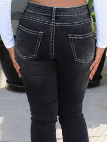 Steph T Women's Bell-Bottoms Denim Pants With Washed Effect And Angled Pockets - Black - View 4