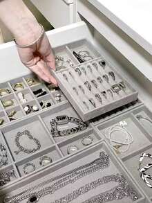 1/9 Pieces Gray Velvet Jewelry Display Tray, Stackable Jewelry Storage Tray, Jewelry Organization Tray, Drawer-Style Jewelry Display Cabinet, Suitable For Earrings, Necklaces, Bracelets, Rings, Multiple Sizes - Multicolor - View 5