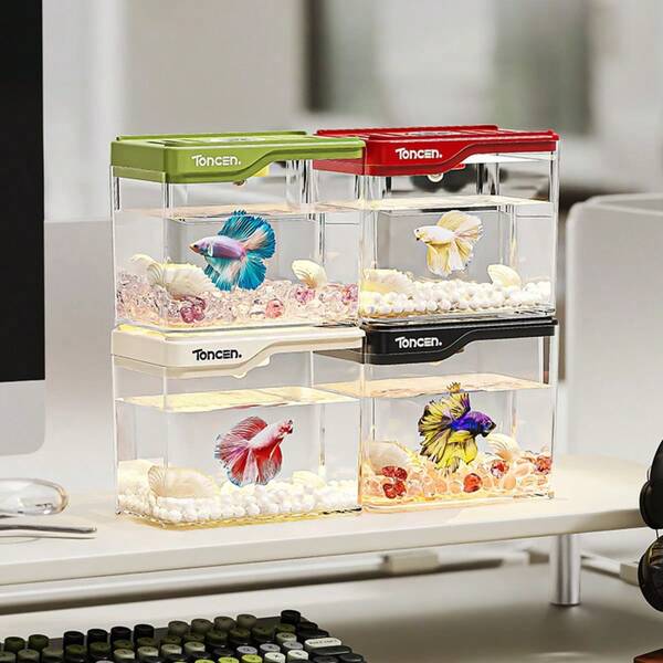 1pc/12*10*8cm ABS Material Mini Fish Tank, Transparent Without Light With Cover, Anti-Drop Plastic Goldfish Bowl, Suitable For Living Room, Desk, Home & Office, Decorative Glass-Like Fish Tank To Bring Warmth To Our Home