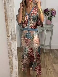 Women's Retro Floral All-Over Print Single-Breasted Top And Fish Tail Midi Skirt, Casual Bohemian Elegant Suit - Multicolor - View 2