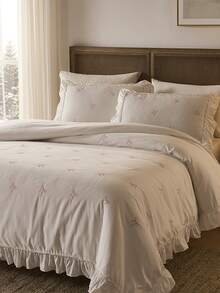 2/3pcs 100% Polyester Bow Embroidery, Ruffle Decor,Duvet Cover Set Without Filler,(1Duvet Cover &1/2 Pillowcases), Modern Polyester Bedding Set For All Season - White - View 8