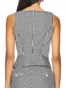 Áo tank top không tay cài nút họa tiết kẻ caro dành cho nữ, kiểu dáng thường ngày mùa hè, màu đen cho kỳ nghỉ. - màu đen - Xem 5