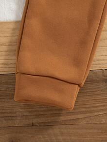 Set 2 piese ținute casual pentru fete preadolescente, hanorac cu mânecă lungă și pantaloni cu guler rotund și imprimeu cu inimă, căptușeală termică, toamnă/iarnă - Kaki - Vizualizare 9