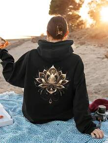 Zen Style Golden Intricate Lotus Pattern Black Hoodie - màu đen - Xem 1