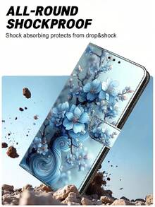 GLANDOTU PU皮革钱包式手机壳，压纹浅蓝色花卉图案，磁吸式闭合设计，带支架功能和卡槽，兼容三星Galaxy、苹果等设备。 - 彩色 - 查看 5