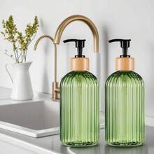 16.9oz Soap Dispenser With Bamboo Pump - Refillable Plastic Bottle, Vertical Stripe Design For Kitchen & Bathroom, High-Quality Hand Soap, Dish Soap, Lotion Pump Bottle Green,Clear,Black,Amber - Multicolor - View 8