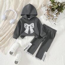2 件套女婴休闲时尚灰色和黑色针织连帽衫上衣，蝴蝶结印花和蕾丝边开衩裤套装，春秋 - 深灰色 - 查看 2