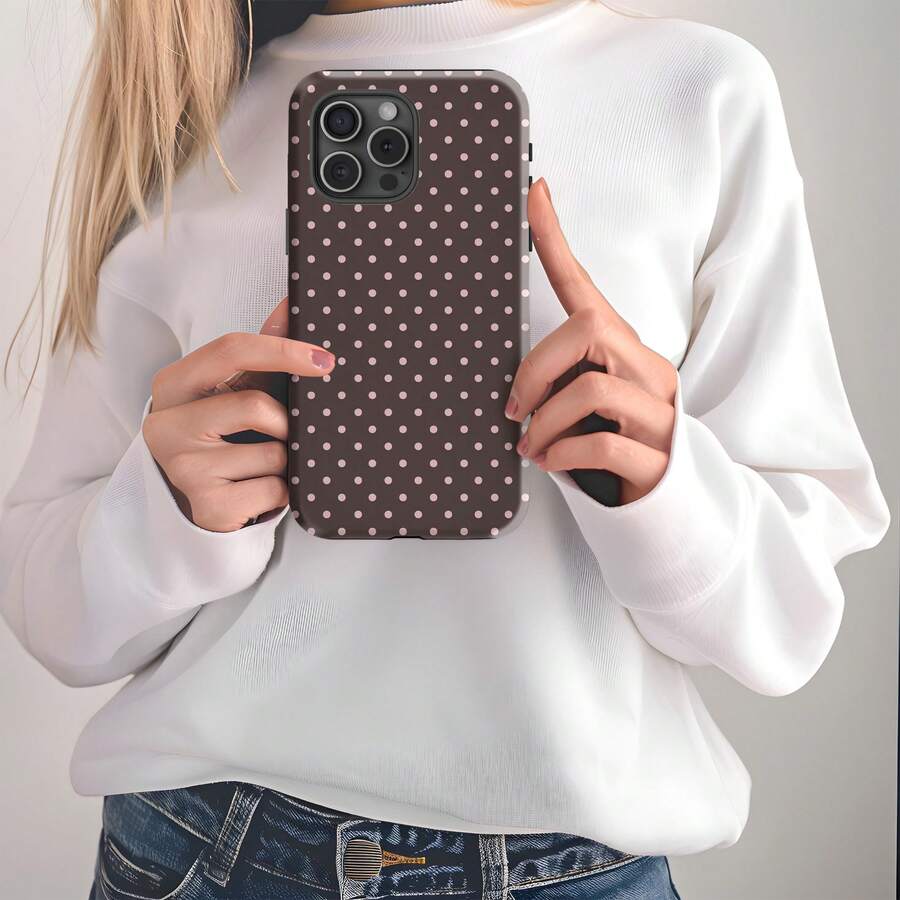 Pink & Brown Polka Dot Phone Case, Cute Aesthetic Y2K Style, Compatible With 17/16/15/14/13/12/11 Pro Max - Brown - View 1