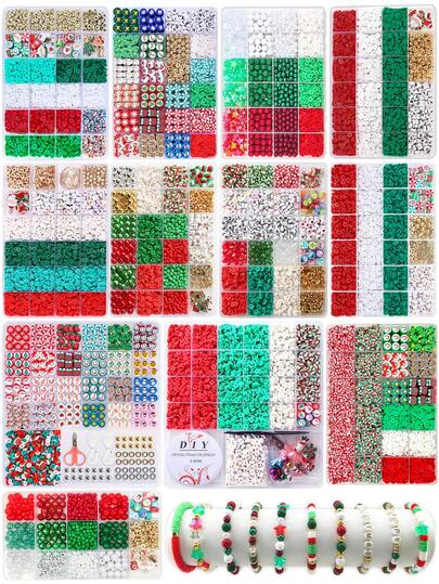 15/24/26 Rejillas Kit de fabricación de joyas con estilo navideño y 100 piezas de cuentas de arcilla polimérica de Navidad de colores aleatorios, rebanadas de dibujos animados, cuentas planas y redondas de arcilla polimérica de colores navideños con dijes para pulseras DIY de mejores amigos, decoraciones de Año Nuevo y suministros de manualidades