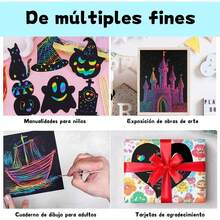 FLOVAZO 120pcs hojas Scratch Multicolor Paper,18x13cm,Juego de Papel de Rascar arte Arcoíris con Bolígrafo y plantilla de dibujo,Scratching rainbow art crafts,dibujos de Graffiti Scratch boards - 1 - Ver 6