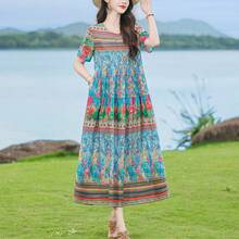 FANMUER Abito midi boho da donna con tasche, linea ad A, collo rotondo, maniche corte, stampa floreale colorata in tessuto tessuto, stile estivo