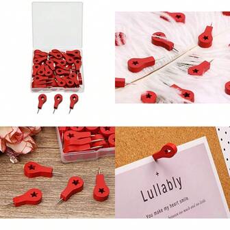 Tupalizy Creative Wood Push Pins Decorative Map Thumb Tacks For Travel Hanging Art Picture Photo Tapestry Painting Bulletin Cork Board Cubicle Wall DIY Craft Home School Office Use Red Star 40PCS
