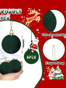 6 件绿色圣诞树挂球，天鹅绒圣诞装饰塑料球，适用于派对节日婚礼家居装饰铃铛、圣诞装饰、新年派对挂饰。