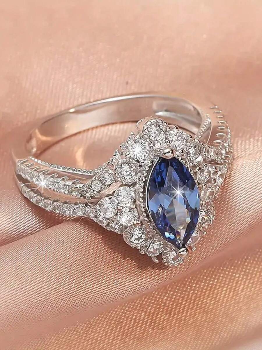 S925 纯银女士戒指，华丽高档优雅闪亮马眼订婚戒指，适合婚礼新娘装饰、日常装扮、情人节派对、情人周年惊喜礼物、派对宴会 - 淺藍色 - 查看 1