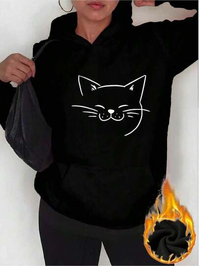 Hooded Casual Sweatshirt. Women's Vintage Cat Face Print Hooded Sweatshirt, Smiling Tabby Cat Design, Soft Gray Pullover Sweater With Pockets, All-Season Casual Comfort, Machine Washable Cat Apparel, Patterned Letter Print, Velvet Texture, Loose Fit, Comfortable Hooded, Playful Cat Face And Paw Print Details, Solid Color Base, Vintage Style, Plus Size Available, Hoodie, Women's Hoodie, Women's Autumn Clothing - White And Navy Off-The-Shoulder Cropped Topathleisure Style