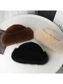 Women's Fashion Knitted Velvet Bucket Hat With Faux Fur - Elastic Warm Thick Mongolian Hat, Sun Protection, 75% Velvet 25% Cotton, Winter