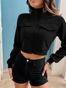 Women's Autumn/Winter Jacket, Thermal Lined Thickened, Minimalist High Collar Zipper Short Design, Multi-Pocket, Suitable For Outdoor Sports, Hiking, Walking, Running - Black - View 5