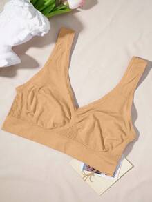 1pc Plus Size Solid Color Wire-Free Mesh Breathable Sports Bra