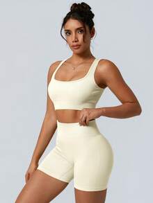 NcmRyu Two Piece Back Tank Top Sports Bra Stretchy Gym ShortsSleeveless Tummy Control Workout Gym High WaistedFitness Running Sportswear Butt Lifting - 白色 - 查看 6