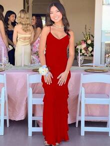 Women's Backless Bodycon Spaghetti Strap Elegant Ruffle Maxi Cocktail Party Dresses, 2025 QMO3 - 紅色 - 查看 7