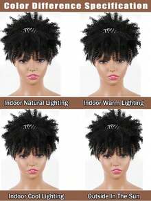 Curly Wigs For Women, Headband Wigs With Bangs, Synthetic Short Afro Kinky Curly Wig With Headband Attached, Drawstring High Afro Puff Brown Curly Wig Turban - 黑色 - 查看 5