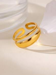 1 pieza Anillo doble grueso minimalista para mujer, chapado en oro de 18K, de acero inoxidable con diseño geométrico abierto, regalo de joyería para boda o Navidad - Multicolor - Ver 6
