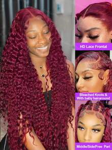 36 Inch Deep Wave Burgundy Wig Human Hair Real 250% Density 13x6 HD Deep Wave Lace Front Wigs Human Hair Glueless 99j Burgundy Curly Lace Front Wigs Human Hair For Women Pre Plucked 13x4 Red Wine Colored Human Hair Wigs With Baby Hair - S99J - 查看 11