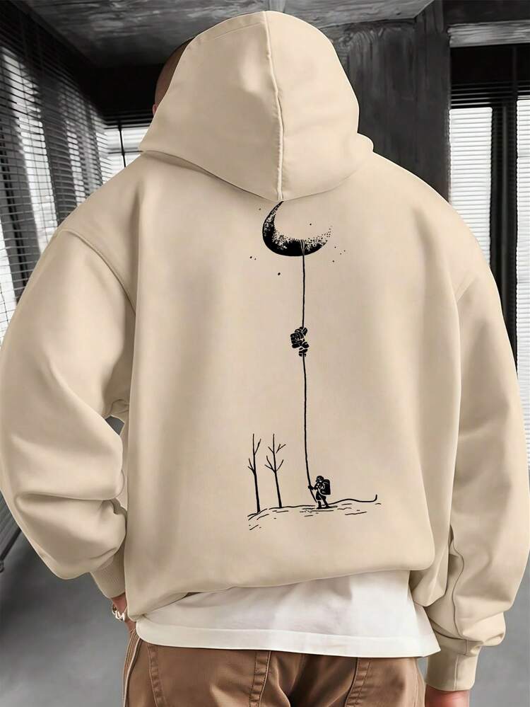 SU ER Men's Casual Moon & Astronaut Print Hooded Sweatshirt With Pocket, Autumn/Winter - Apricot - View 1