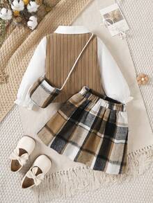 3 件套女童校园风格服装，拼色衬衫，格子裙，迷你包，适合 4-7 岁，春秋