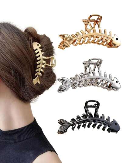 3个极简金属鱼骨发夹，高端发爪，适用于马尾辫、后脑勺半丸子头，适合日常、派对、节日、假日、生日、情人节、感恩节、复活节、母亲节等场合，创意礼物