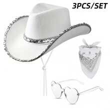 Juego de 3 sombreros de vaquero estilo occidental, sombrero de vaquero con borde plateado brillante, sombrero de vaquero brillante de poliéster, accesorios de decoración para fiestas de disfraces, adecuado para eventos, fiestas, bailes de disfraces, bodas, eventos navideños y suministros para fiestas - Multicolor - Ver 16