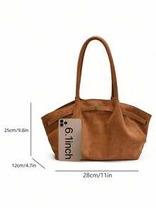 1 件纯色绒面革女士单肩包，复古时尚大容量手提包，双手柄和按扣开合，适合旅行、购物、约会、女士礼物，适合少女、大学生和办公室女士，非常适合办公室、学校、工作、商务、通勤、户外、旅行、野餐 - 棕色 - 查看 5