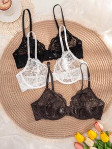 3pcs Women's Solid Color Lace Thin Cup Underwire Comfortable Bras