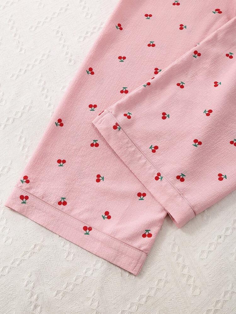 3pcs/Set Crinkle Red Cherry Print Short Sleeve Cardigan, Shorts And Pants Pajama Set - Pink - View 6