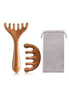 2件/3件/4件檀香按摩工具套装，包括面部和头部按摩刮刀、面部美容按摩棒、用于肌肉放松的身体按摩板