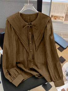 Áo sơ mi dài tay xếp ly màu đen, cài cúc phía trước, thiết kế dây rút - Chất liệu polyester, có thể giặt máy, cổ áo thủy thủ, áo sơ mi nữ thời trang, phù hợp cho mọi mùa xuân. - Màu nâu - Xem 3