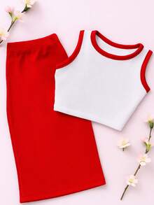 Conjunto Infantil e Juvenil para Meninas e Adolescentes Jovens Conjunto Composto 2 Peças Cropped Regata e Saia Midi Moda Primavera Verão CJI003 - Vermelho - Visão 2
