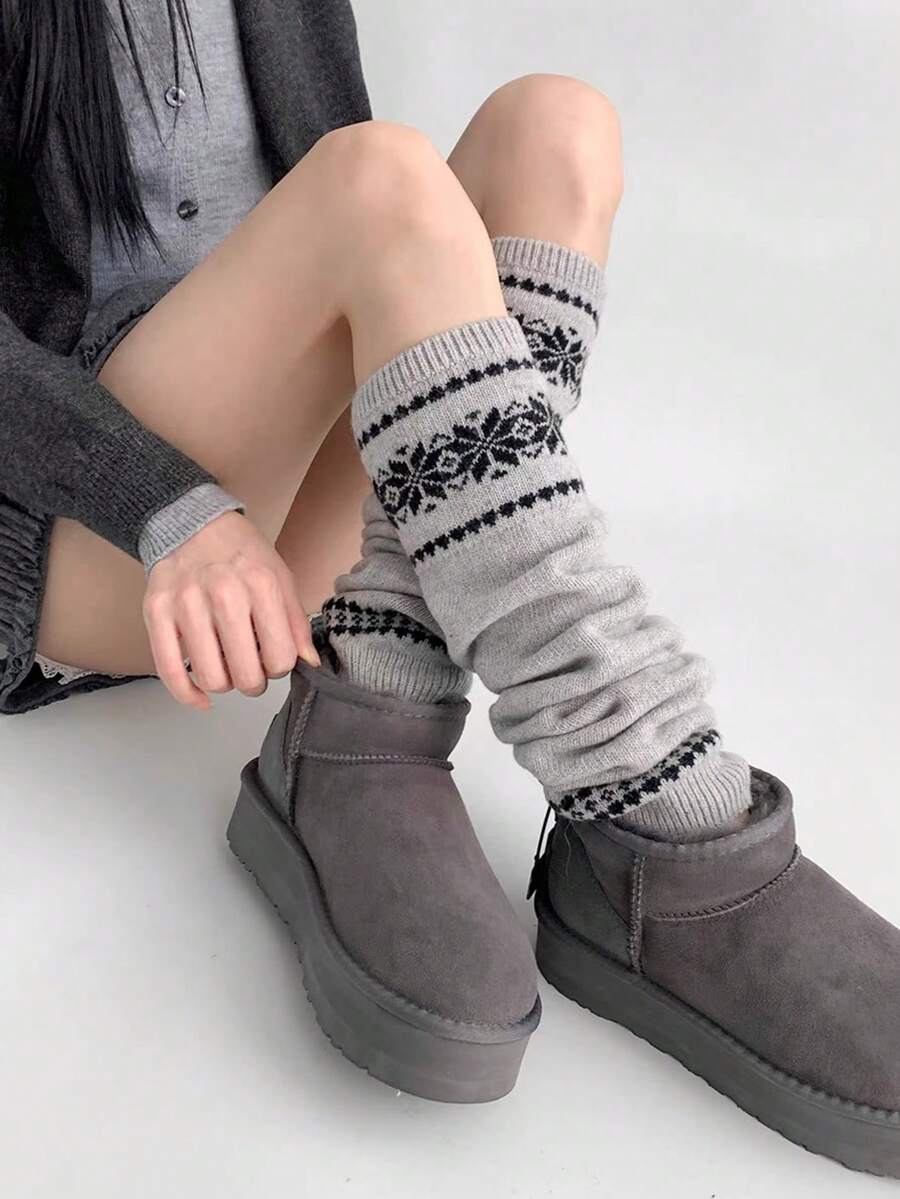 1双秋冬季白色/黑色/咖啡色/灰色/燕麦色韩式费尔岛针织保暖显瘦腿套，舒适 - 彩色 - 查看 1