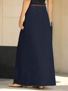 女士休闲梭织A字长裙，带口袋，无弹力，春季款 - 藏藍 - 查看 3