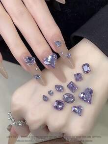 60 viên đá pha lê tím lấp lánh dùng trang trí móng tay, đá pha lê tím không đối xứng, đáy nhọn, trang trí móng tay hình bướm và trái tim, phụ kiện làm móng DIY, đá trang trí móng tay. - Màu tím - Xem 3
