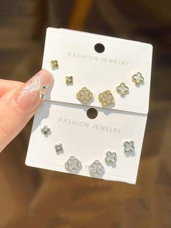 1 Set/3 Pares de Elegantes y Elegantes Pendientes de Tachuela de Trébol de Cuatro Hojas con Concha Blanca Totalmente Rhinestoned, Micro-Incrustados con Circonita Cúbica y Postes de Plata 925, Adecuados para Uso Diario o Regalo del Día de San Valentín