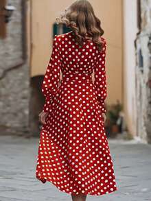 Damen Polka Punkt V-Ausschnitt Überschneidung Taille Slim Fit Langarm Lässig Kleid, Rot - Rot - Übersicht 3