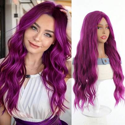 26-Inch Synthetic Wig Long Wavy Middle-Parted Purple Heat-Resistant Suitable For Women For Christmas And Halloween