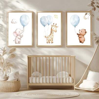 1 件，帆布墙艺术，带框育儿室墙面装饰动物育儿室印刷品：大象、长颈鹿、熊 适合：儿童房装饰、育儿室装饰、游戏室装饰 幼儿园装饰、男孩房间装饰 / 女孩房间装饰 游戏室装饰 生日礼物 派对装饰 日托教室装饰 婴儿房装饰 浴室墙面装饰