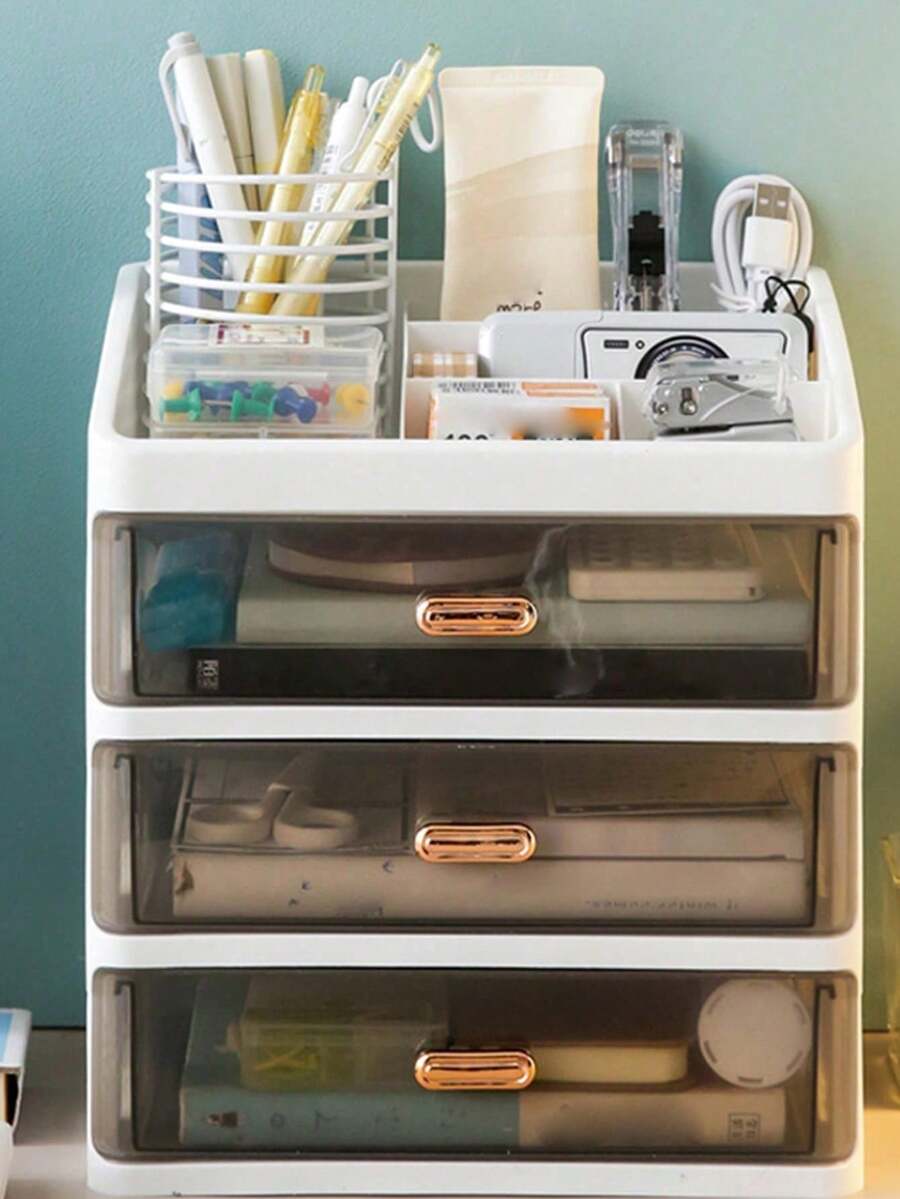 1pc Transparent Plastic Luxury Makeup Organizer Box, Top Layer For Skincare Products, Eyeshadow Brushes, Highlighter Brushes, Foundation, Concealer, Lipstick; Bottom Layer For Face Masks, Eyeshadow, Powder Puff, Loose Powder Storage, Dust-Proof, Space-Saving - Black and White - View 1