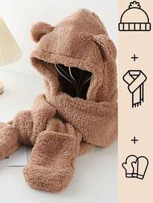 3 件套秋冬保暖泰迪熊套装：厚重高克重帽子，带耳罩、围巾和手套，毛绒拉法帽