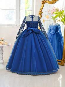 Tween Girls Long Sleeve Lace Beaded 3D Floral Mesh Elegant Piano Recital Dress, Suitable For Birthday Party, Ball, Excludes Headband - 寶藍色 - 查看 2