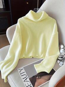 Bộ áo len dệt kim thường ngày và chân váy dài cho nữ, áo len chui đầu cổ cao và chân váy dài màu trơn, Thu/Đông - Màu vàng - Xem 4