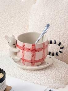 1 Set 350ml 3D Animal Plaid Ceramic Cup & Saucer, Cute Red & White Plaid Animal Pattern Ceramic Cup & Saucer, Cup Body With 3D Animal Decorative Details, Suitable For Coffee And Beverages, Ideal For Children's Room And Gifts For Friends